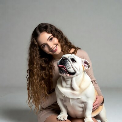 Woman hugging white bulldog