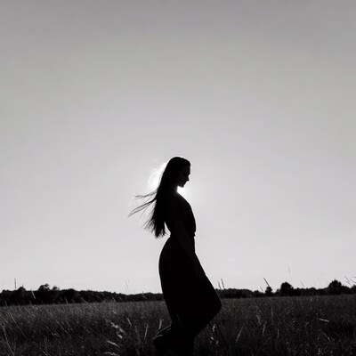 Woman silhouette walking in tall grass