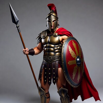 Muscular Spartan warrior with spear and shield