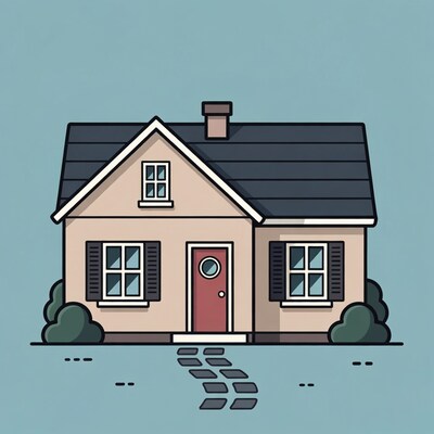 Cartoon beige house with red door