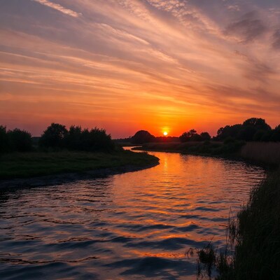 Sunset over winding river