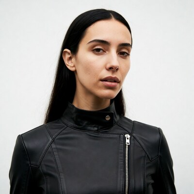 Woman in black leather jacket