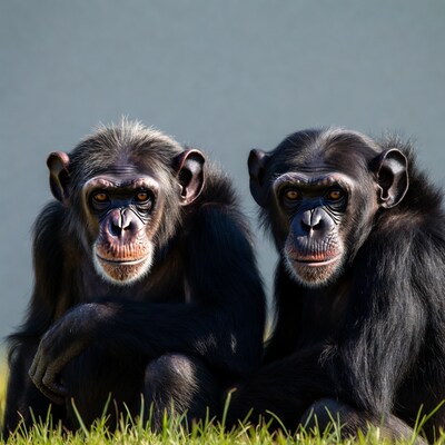 Two Chimpanzees Sitting on Grass