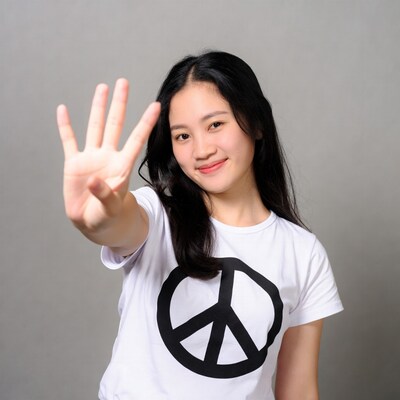 Asian girl peace sign hand gesture
