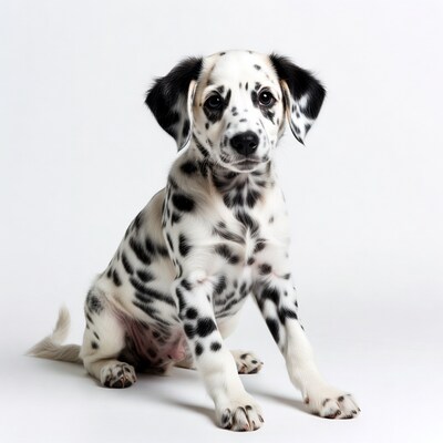 Dalmatian puppy sitting on white background