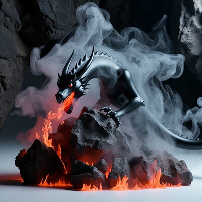 Black Dragon Breathing Fire in Cave