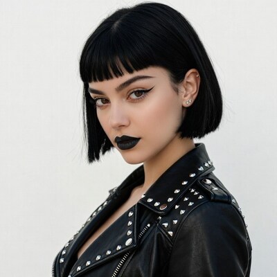 Woman with bob haircut in studded leather jacket