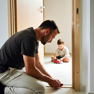 Father fixing door while son plays with toy car