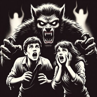 Werewolf terrifying scared boy and girl