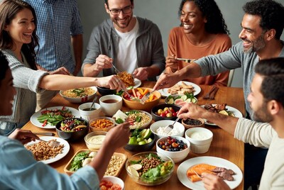Diverse group eating healthy dinner