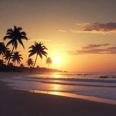 Tropical Beach Sunset with Palm Trees
