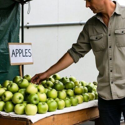 Man picking apples at market stall