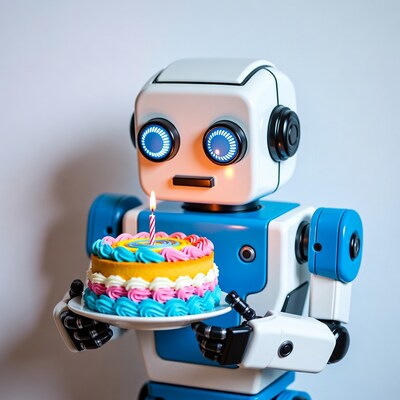 Robot holding birthday cake