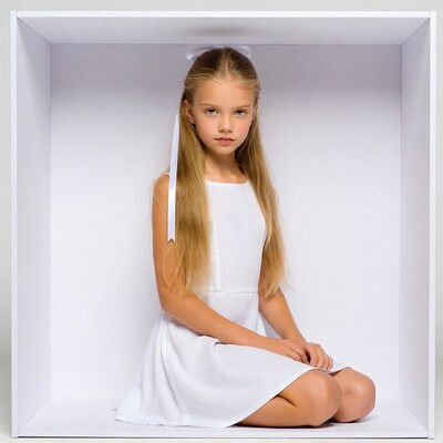 Blonde girl sitting in white box