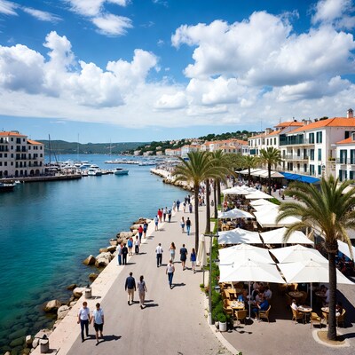 Hvar Harbor Promenade with People and Yachts