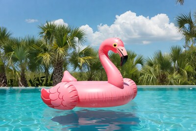 Pink flamingo float in swimming pool