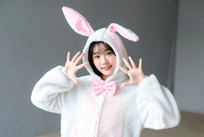 Asian girl in pink bunny onesie