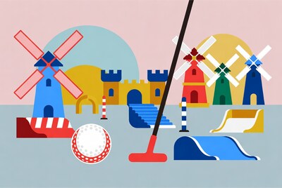 Colorful windmills castle golf illustration