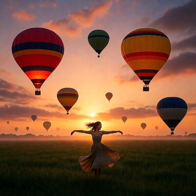 Woman dancing with hot air balloons at sunset