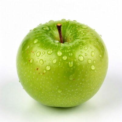 Green apple with water droplets
