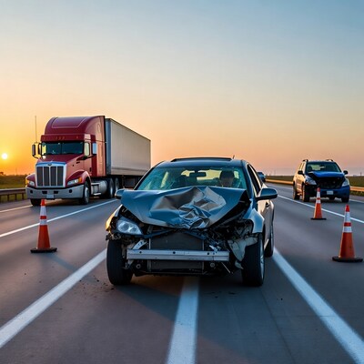 Highway car crash with truck at sunset