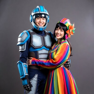 Asian couple in blue armor and rainbow dress