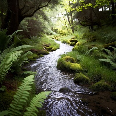 Forest Stream with Mossy Rocks