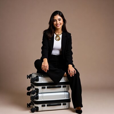 Smiling woman sitting on stacked suitcases