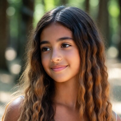 Smiling girl with wavy hair in forest
