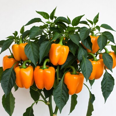 Orange bell peppers on plant