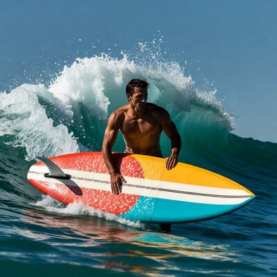 Muscular man surfing colorful board on wave