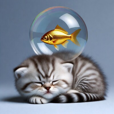 Sleeping Kitten with Golden Fish Bubble