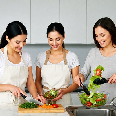 Three women preparing salad in kitchen