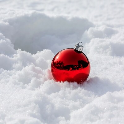 Red Christmas ornament in snow