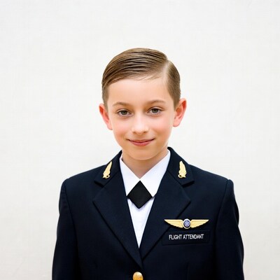 Boy in flight attendant uniform
