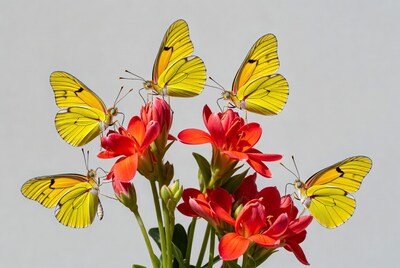 Yellow butterflies on red flowers