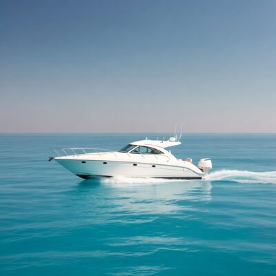White motor yacht speeding on ocean