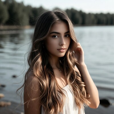 Young woman by lake with trees