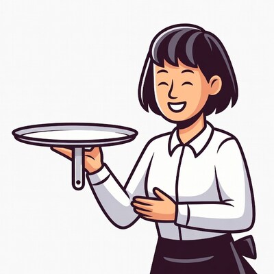 Asian waitress holding tray illustration