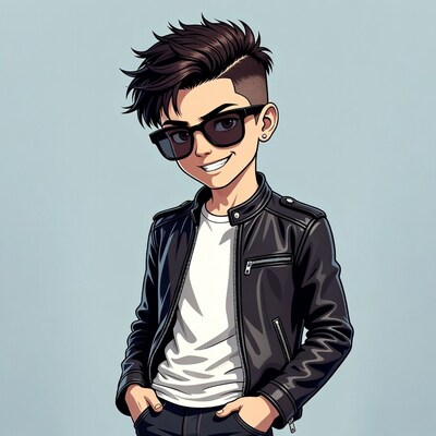 Anime boy in leather jacket smiling