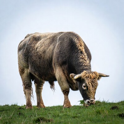 Bull grazing on green grass