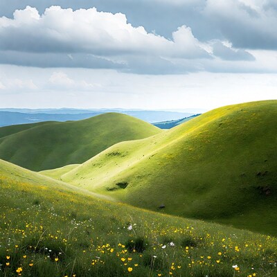 Rolling Green Hills with Yellow Flowers