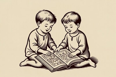 Two boys reading book illustration