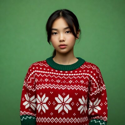 Asian girl in red Christmas sweater
