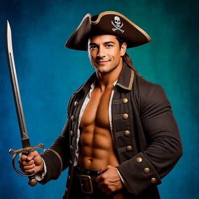 Muscular pirate man holding sword