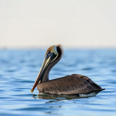 Brown Pelican swimming in blue water
