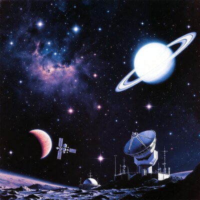 Saturn over space station on alien planet