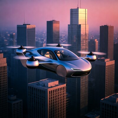 Flying Car Over Futuristic City Skyline