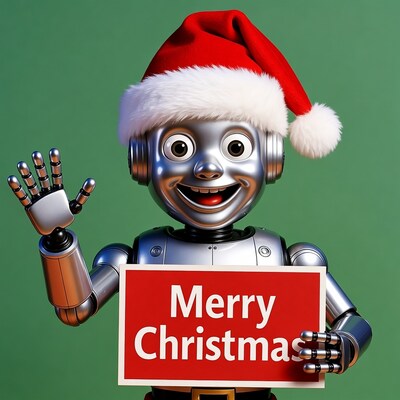 Robot waving Merry Christmas sign