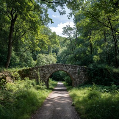 Stone Arch Bridge in Lush Forest Path